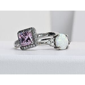 925 Sterling Silver Rings (2) Pink CZ Halo Size 9 - & Faux Opal & CZ Size 9.25